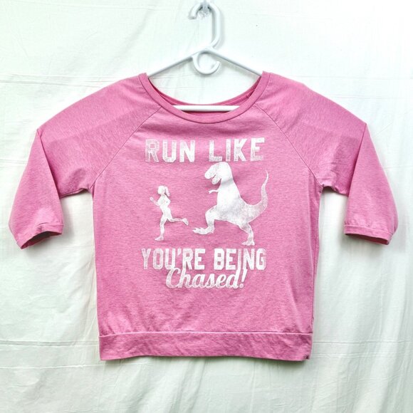 Fifth Sun Run Like You're Being Chased T-Rex 3/4 Sleeve Tee Women M Pink - Picture 1 of 5